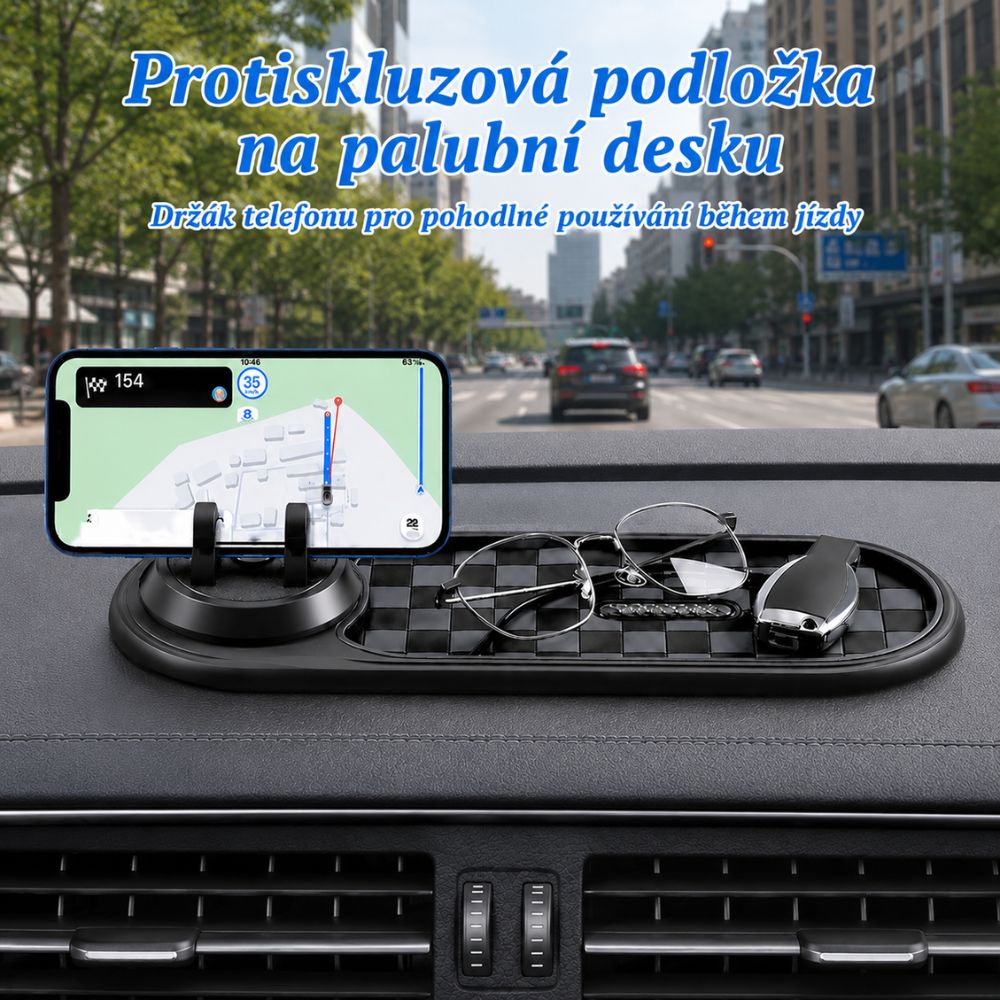 Protiskluzová podložka na palubní desku s držákem telefonu a parkovacím číslem