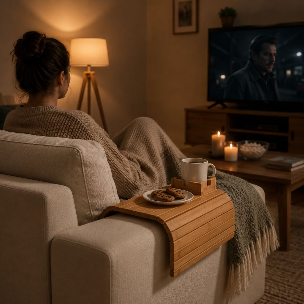 CouchMate™ – Bambusový podnos na opěrku gauče s držákem na nápoj