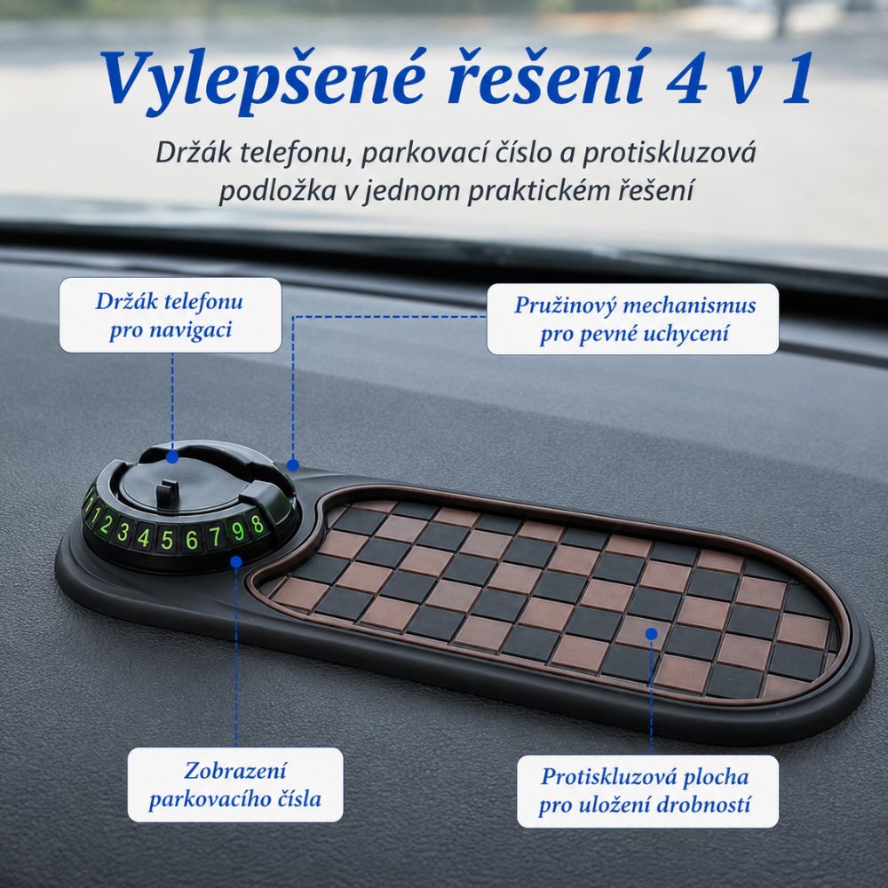Protiskluzová podložka na palubní desku s držákem telefonu a parkovacím číslem