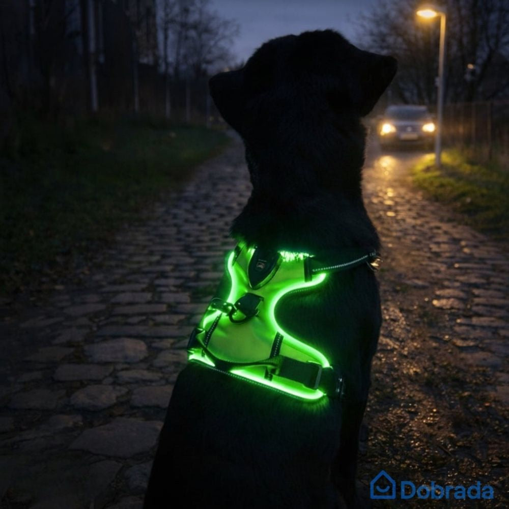 Dobrada SvítícíOchrana™ – Svítící bezpečnostní postroj pro psy
