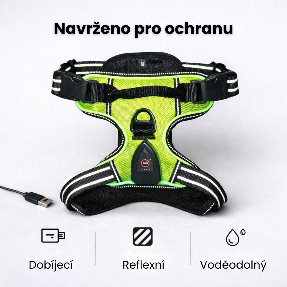 Dobrada SvítícíOchrana™ – Svítící bezpečnostní postroj pro psy