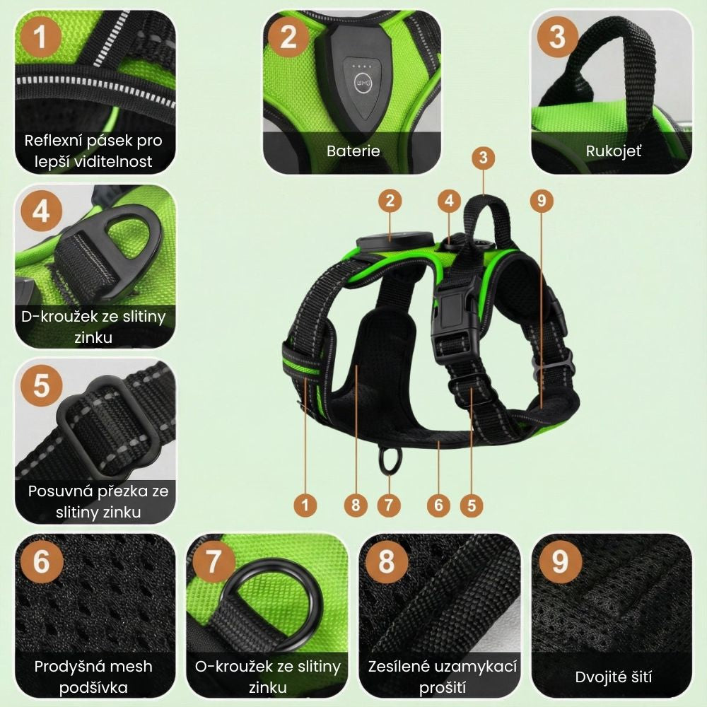 Dobrada SvítícíOchrana™ – Svítící bezpečnostní postroj pro psy