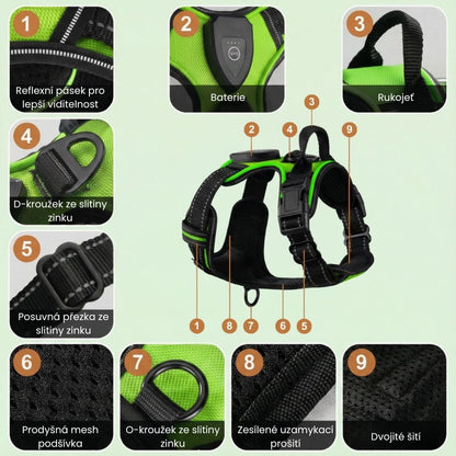 Dobrada SvítícíOchrana™ – Svítící bezpečnostní postroj pro psy
