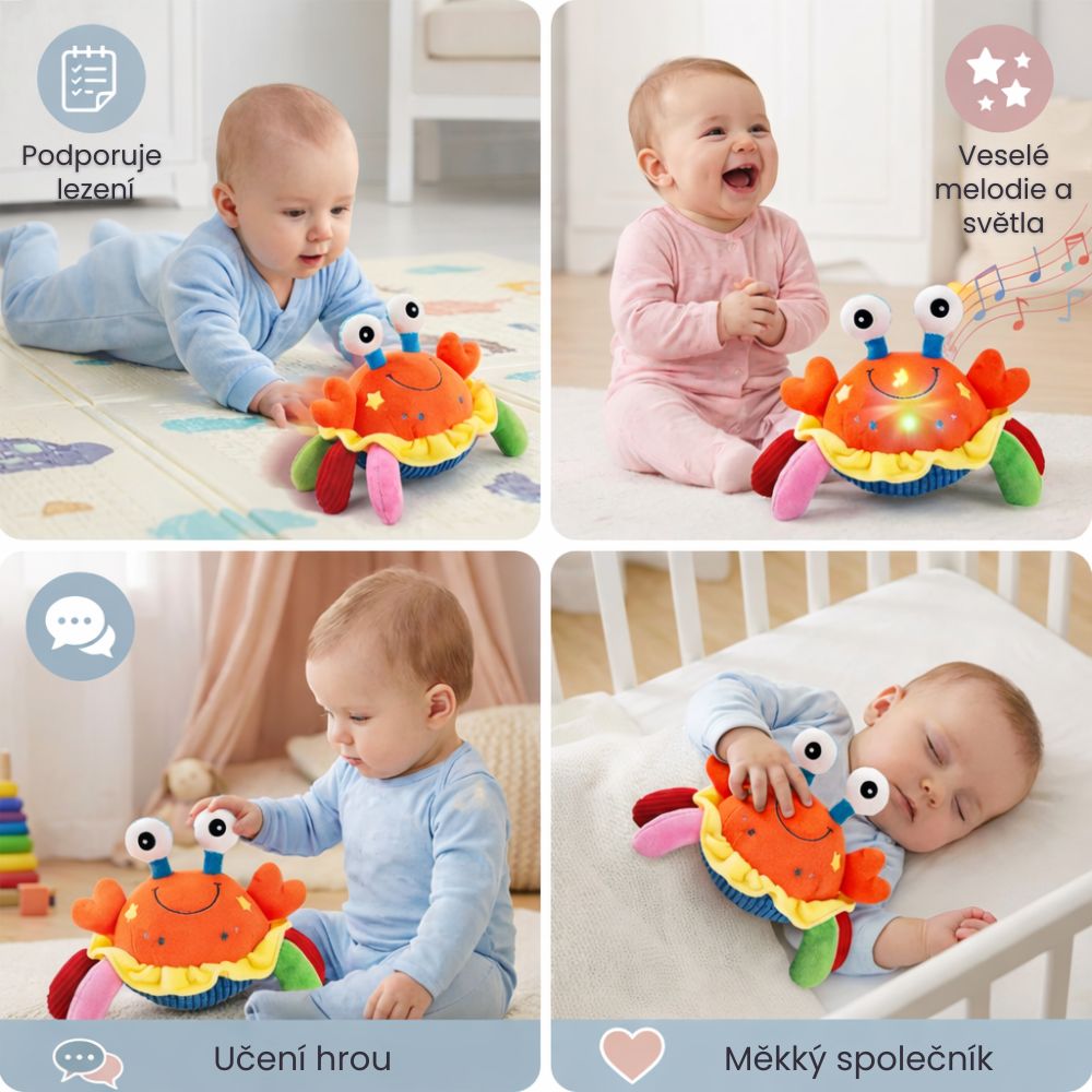 Interaktivní pohyblivý plyšový krab s hudbou a hlasovou funkcí – vzdělávací hračka pro miminka