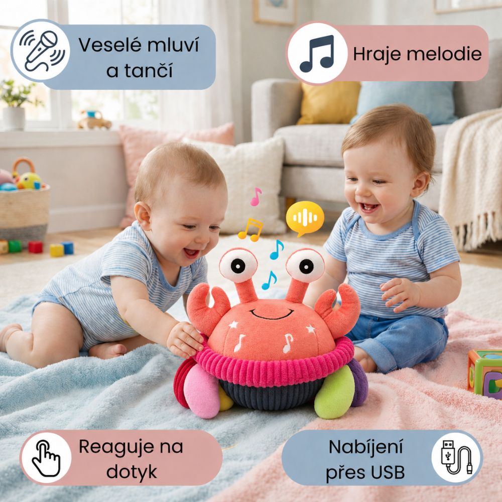 Interaktivní pohyblivý plyšový krab s hudbou a hlasovou funkcí – vzdělávací hračka pro miminka