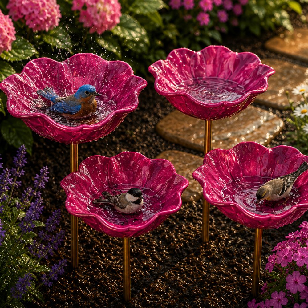 🐦Dekorativní kovová květina pro ptáčky s pítkem a miskou na krmení🌸