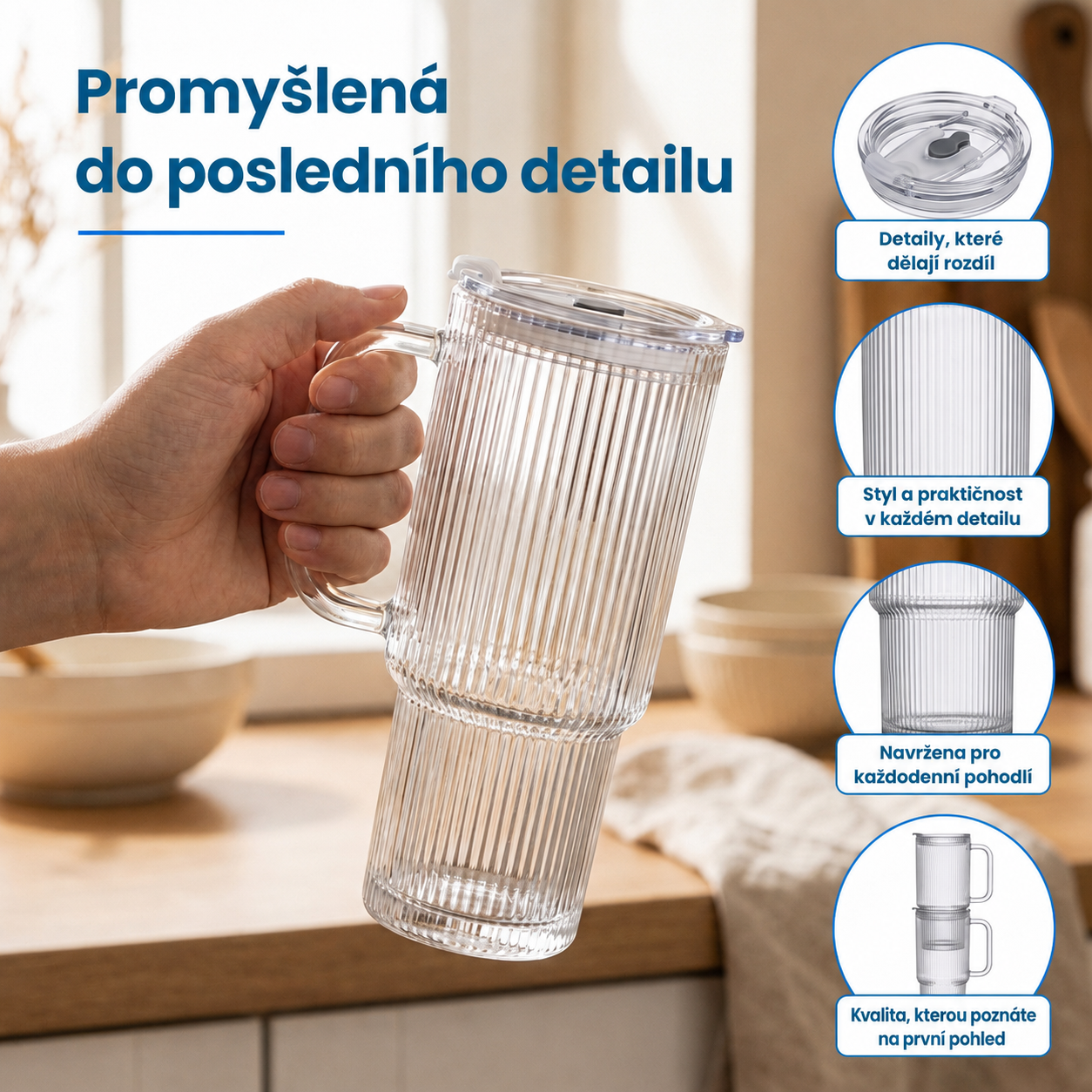 KLÁRA– Elegantní žebrovaná sklenice s uchem a víčkem na studené i teplé nápoje