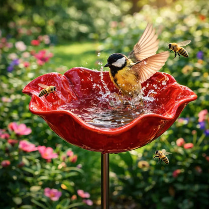 🐦Dekorativní kovová květina pro ptáčky s pítkem a miskou na krmení🌸