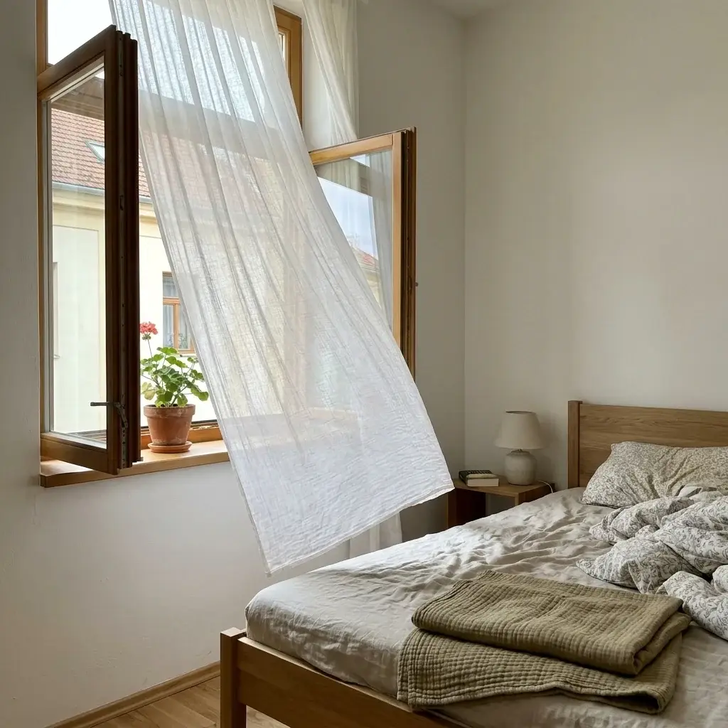 Mušelínová deka v čisté a světlé ložnici