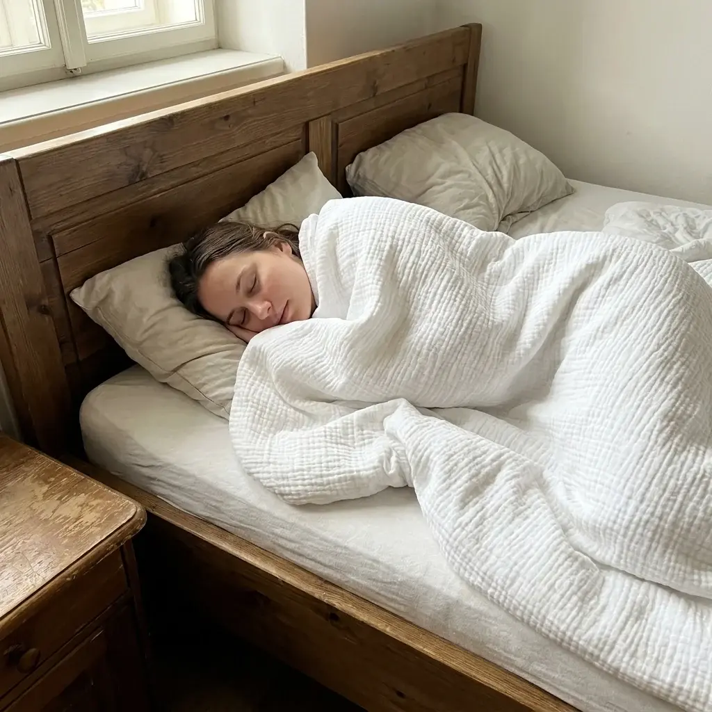 Customer sleeping comfortably beneath a muslin blanket